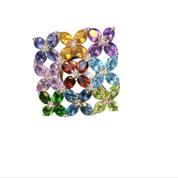 Multi Gemstone & Sterling Silver Large Cocktail Ring Size 8 - Picture 3 of 14